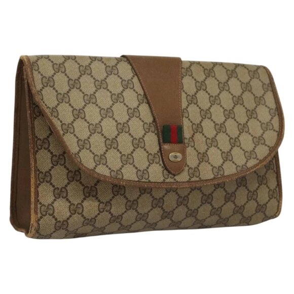 GUCCI GG Supreme Web Sherry Line Clutch Bag PVC Beige Gold 89 01 031 Auth sw1195 - Picture 1 of 16
